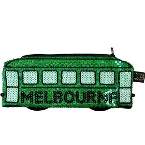 MAKE ME ICONIC 8” Green Sequin Melbourne Rumble Tram Zip Closure Purse Clutch
